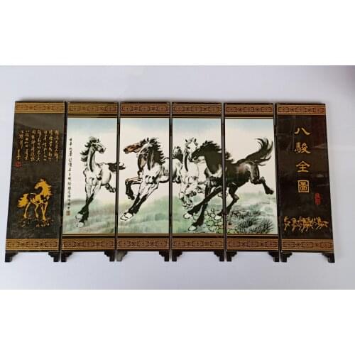 China Collect Exquisite Lacquer PaIntIng 8 Horse Picture Small Folding Screens Handicraft Home Decoration
