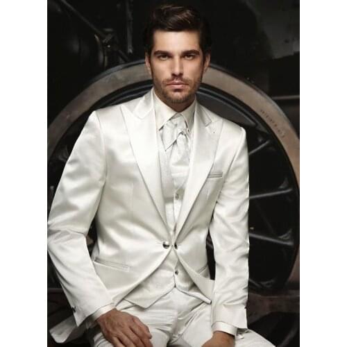 Top Selling One Button Ivory Groom Tuxedos Peak Lapel Groomsmen Best Man Wedding Prom Suits (Jacket+Pants+Vest+Tie)