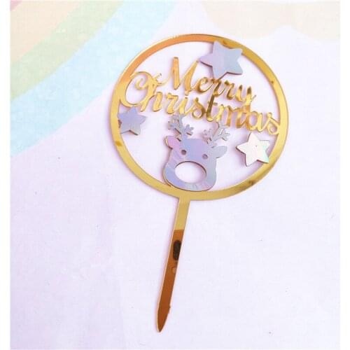 New Merry Christmas Acrylic Cake Topper Gold Silver Deer Elk Acrylic Cupcake Topper for Xmas Home Decor Party Cake Decorations