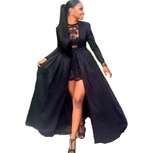 2018 Sexy Two Piece See Through Black Lace Short Prom Long Sleeve Detachable Coat Evening Pageant mother of the bride dresses