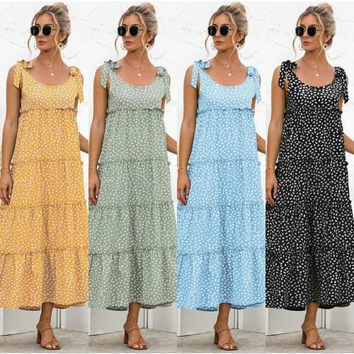 Сарафан Ball Gown Womens Summer Long Dress Spotted Print Lace Tank Collar Sundress Robe Longue Femme Maxi Dress Casual Vestidos