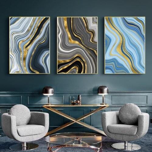 Modern Abstract Golden Geometric Streamline Poster Canvas Art Blue Light Living Room Background Wall Home Decoration Painting