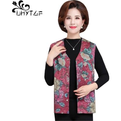 UHYTGF Women vest fashion printing sleeveless thin spring autumn vests waistcoat Single-breasted V-neck loose Plus size coat 858