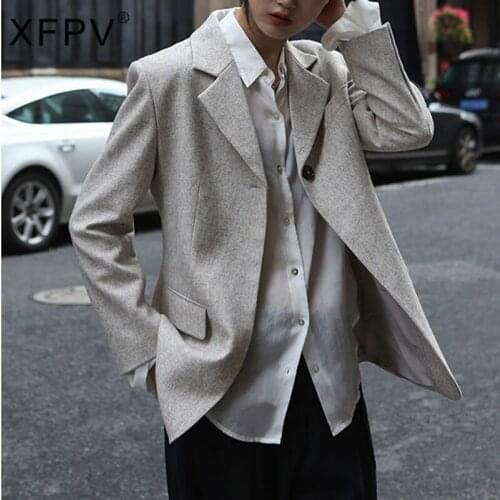 XFPV 2021 New Spring And Autumn Fashion Casual Wool Lapel Coat Loose Long Sleeve Suit Top Womens Blazer SL801