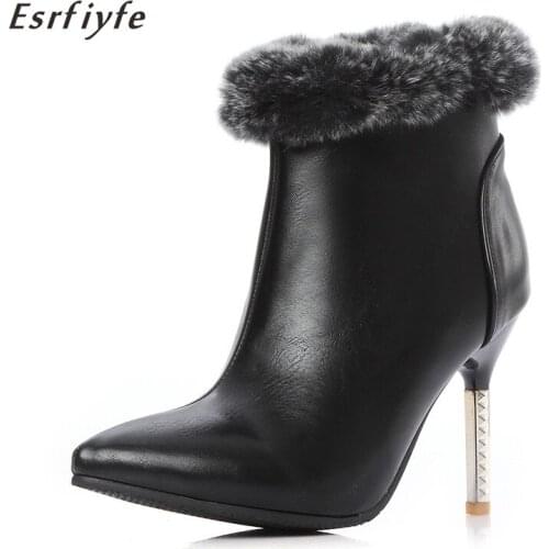 ESRFIYFE 2020 New Women Ankle Boots PU Leather Zipper Booties High Heel Autumn Winter Shoes Black Winter Boots Pointed Toe Shoes