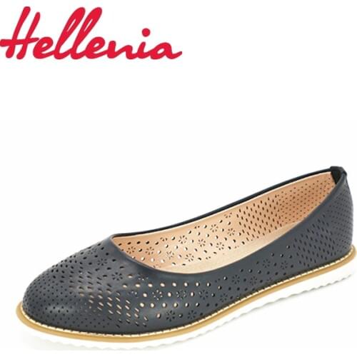Hellenia shoes woman flats breathable with holes spring summer ladies shoes slip-on round toe comfortable flexible TPR pigskin