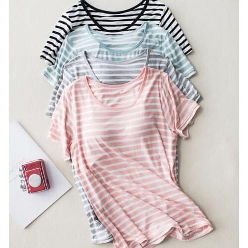Built in Bra Sleep Shirts Women Loose fit Short Sleeve Striped Modal Sleep Wear Summer Padded Bra Breathable Lounge Lingerie