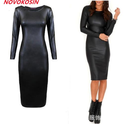 XX14 Simple Faux Leather Dress Women Sexy Bodycon Dress Elegant Long Sleeves Evening Party Short Dresses 2017 Vestidos