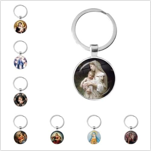2021 Vintage Virgin Mary of children Christian keychain Classic Oil Painting Glass Cabochon key chain rings holder