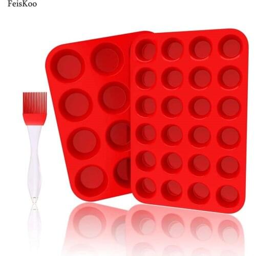 3pcs/Set 12/24 Holes Muffin Cupcake Mold+Brush Silicone Muffin Chiffon Chocolate Baking Pan Tray Mould For Cupcake Cake Tool