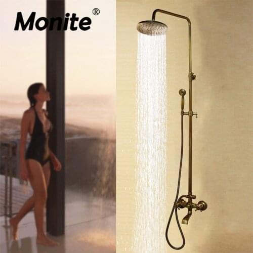 Monite Antique Brass Bathroom Shower Set Spray Shower Hand & Round Shower Hand Rainfall Mixer Taps Double Handles Bathroom Combo