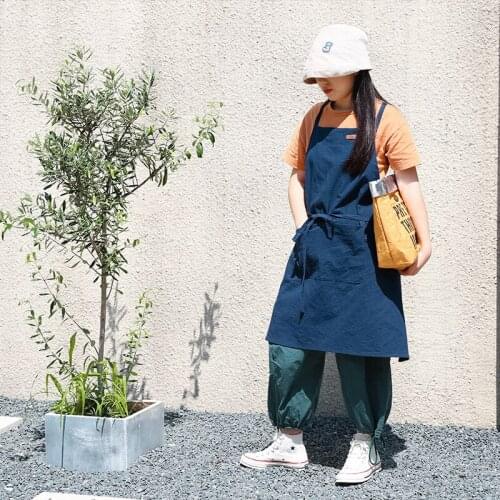 Japanese Style Cotton Suspender Apron Solid Color Stripes Home Daily Kitchen Florist Restaurant Waiter Overalls