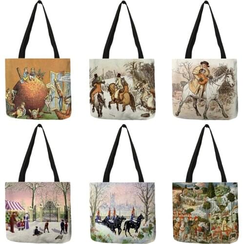 Personalized Customized Womens Designer Tote Bags Handbags Riding on Horses in Snow Painting Shopping Bag Foldable B13199