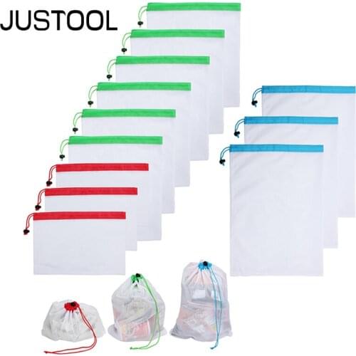 JUSTOOL 12pcs S/M/L Reusable Fruit Vegetable Bags Net Bag Produce Washable Mesh Bags Pouch Kitchen Storage Bags Toys Sundries