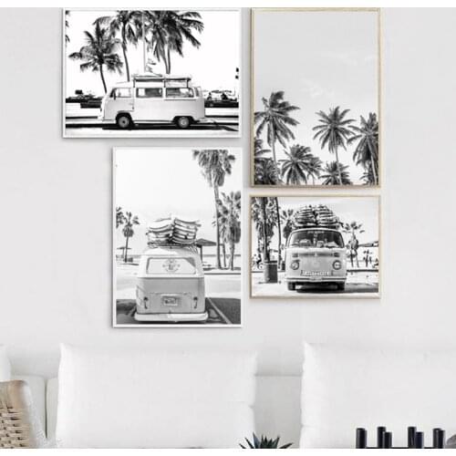 Camper Van Beach Surf Print Palm Tree Art Canvas Painting Black and White Photography Ocean Poster Boho Decor for Living Room