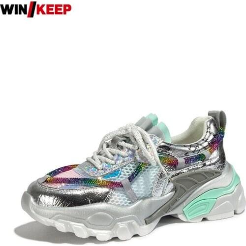 Women Platform Mesh Spliced Sport Shoes Street Lace Up Breathable Silver Sneakers Summer New Walking Jogging Gym Shoes Female