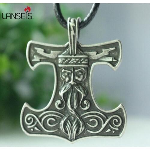 Lanseis 1pcs norse Thors Hammer pendant Norse Amulet Cord Necklace viking charm necklace men jewelry slavic talisman pendant