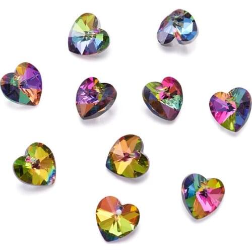 200pcs Colorful Faceted Heart Electroplated Glass Pendants Silver Plated Bottom for Jewelry Making 14x14x8mm Hole: 1.5mm