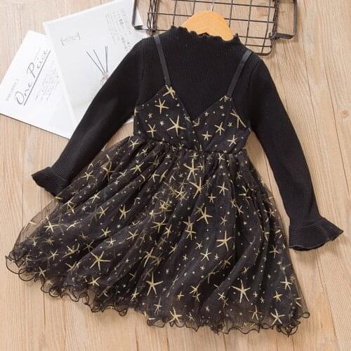 Autumn Kids Dresses For Girls Lace Tulle Star Print Dress Wedding Little Girl Ceremony Party Birthday Dress Children Clothing