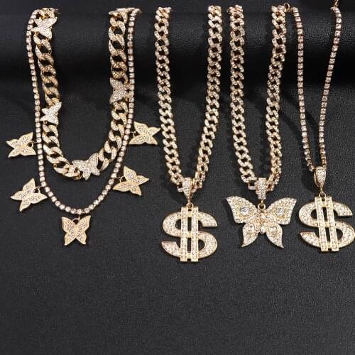 Punk Cuban Link Chain Full Rhinestone Chunky Choker Necklace For Women Fashion Butterfly Pendant Necklace Hip Hop Rapper Jewelry