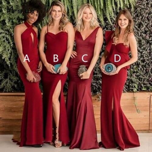 Mrs win Bridesmaid Dresses Red Elegant Mermaid Long Wedding Party Gowns HR335 Side Split Tank Vestido Madrinha For Women 2020