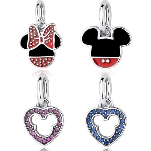 925 Sterling Silver Minnie Charms Cubic Zirconia Heart Dangle Beads Fit Charm Bracelets Necklaces Women Jewelry