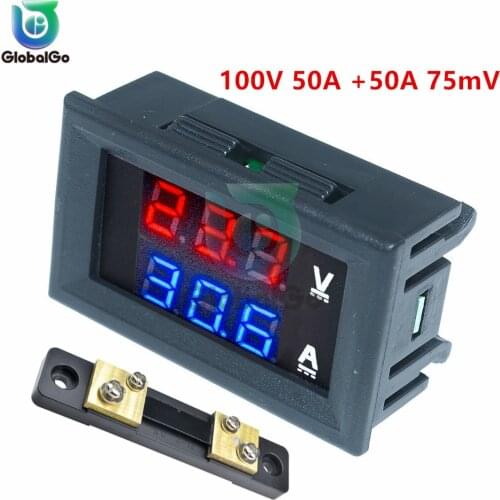 DC 0-100V 0-50A Ammeter Voltmeter (red and blue) And 50A 75mV Shunt LED Display Panel Amp Volt Voltage Current Meter Tester