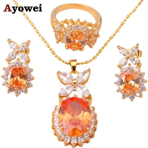 Champagne Flower gold color Morganite Crystal Jewelry Sets Earrings Necklace Ring sz #7 #8 #9 Fashion Jewelry JS242A