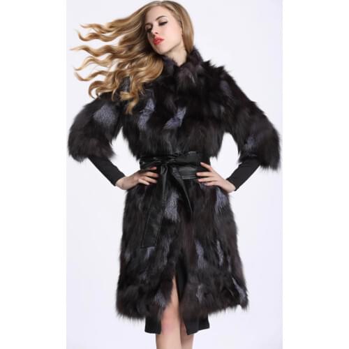 Genuine real Silver fox fur coat women stand collar half sleeve long fashion natural fox fur jacket 90CM length custom any size