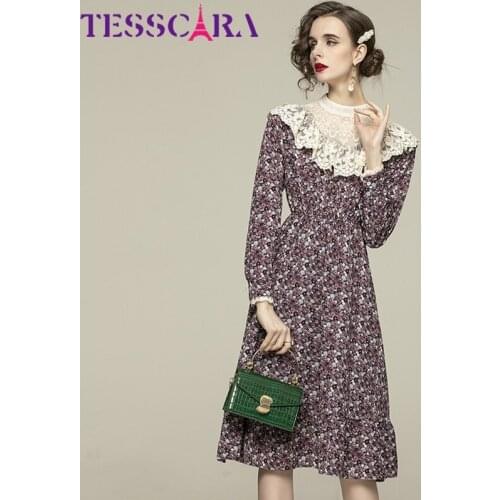 TESSCARA Women Spring & Autumn Vintage Floral Dress Festa High Quality Elegant Party Robe Femme Lace Designer Casual Vestidos