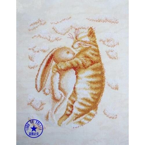 Top Quality Beautiful Lovely Counted Cross Stitch Kit Cat Kitten Kitty and Bunny Rabbit Sleep Sleeping Pet