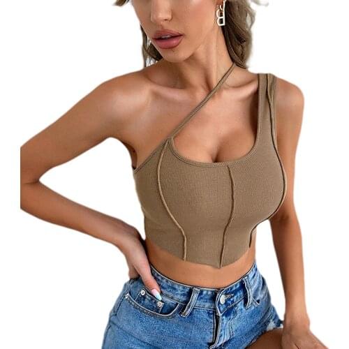 Y2K Brown One Shoulder Irregular Tank Tops Summer Sleeveless Solid Color Cutout Hem Camisole for Women 2021