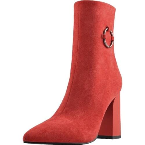 Onlymaker Women Red Flock Simple Ankle Boots Pointed Toe Side Zip Minimalistic Stretch Chunky Block High Heels Milk Silk Lining
