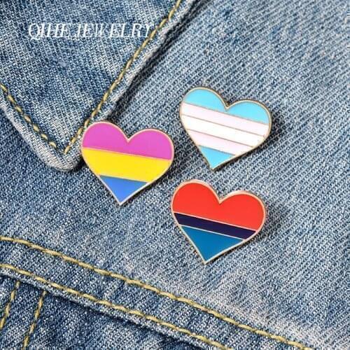 QIHE JEWELRY Striped Colorful Love Heart Enamel Lapel Pins Lover Brooches Badges Fashion Pins Gifts for Friends Pins Wholesale
