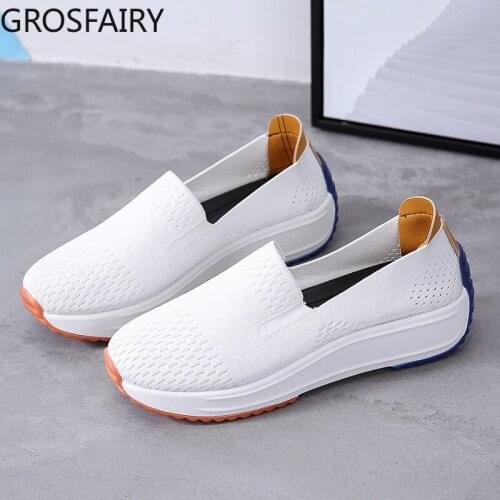 Thick-soled Socks Womens Shoes Mom Soft-soled Comfortable Single Shoes New Flying Woven Mesh Shoes White Vulcanized Shoes Women