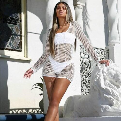 Fishnet Bikini Cover Ups 2021 Summer Ladies Long Sleeve Sexy Beach Dress See Through Club Sexy Swimwear Cover-ups Female
