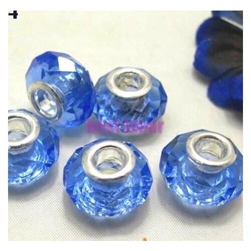 Free Shipping 50pcs Light Blue Cut &Faceted Glass Beads Big Hole Fit European Charms Bracelet 14x8mm