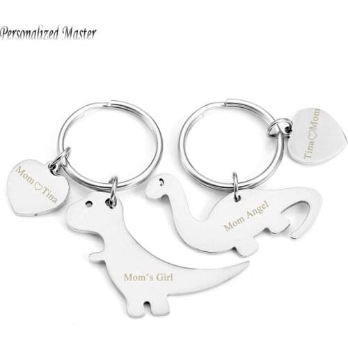Personalized Master Engrave Name Date Stainless Steel Custom Heart Tag Charm Dinosaur Keyring Mom Dad Kids Child Family Keychain