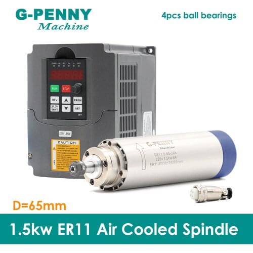 1.5KW ER11 Air cooled spindle motor 220V/110V Diameter 65mm 4ball bearings Spindle for CNC Machine & 1.5kw HuanYang Inverter VFD