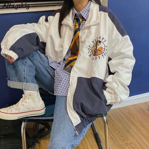 Basic Jackets Women Students Oversize Large Size 3XL Boyfriend Harajuku Preppy Style Womens Patchwork Cartoon Embroidered Tops