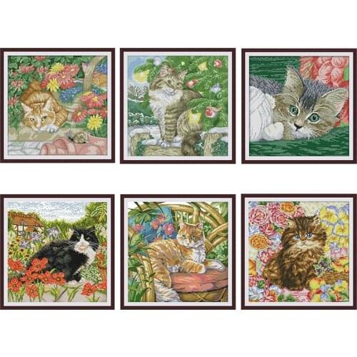 Cute cat in the flowers Cross-stitch kit with patterned count 14ct 11ct printed handmade needlework DIY Chinese cross-stitch kit