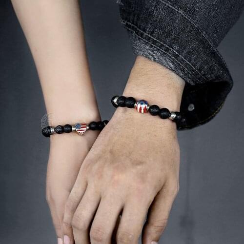 Natural Lava Stone Bracelets for Mens Womens Stretch USA American Flag Heart Charm Bead Lovers Bracelets 8/10mm Fashion LDBM57