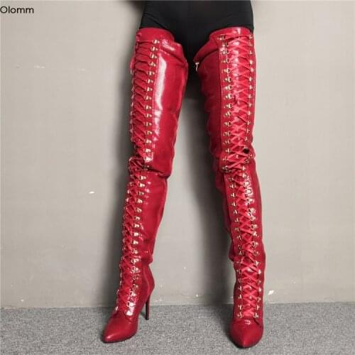 Olomm Women Winter Thigh High Boots Stiletto High Heels Boots Pointed Toe Gorgeous Red Night Club Shoes Women Plus US Size 5-15