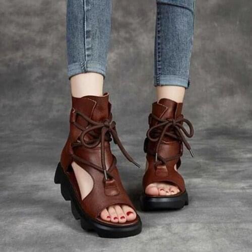 Comemore New Fashion Women Sandals Summer Shoes 2021 Black Open Toe Genuine Leather Back Zipper Wedges Platform Casual Sandals