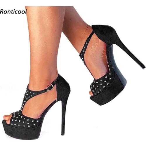 Ronticool Handmade Women Platform Sandals T- Strap Sexy Studs Stiletto Heel Peep Toe Gorgeous Purple Party Shoes US Size 5-20