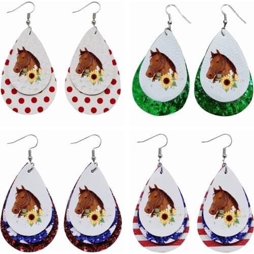 Leaher Earrings-Horse Portrait In Digital Watercolor Style And A Bouquet Of Sunflowers