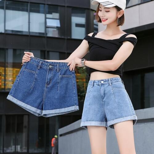 Summer new high waist denim shorts women casual loose curling old pants Korean version of wide leg a word pants hot pants