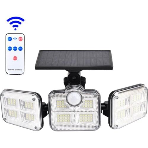 LED Solar Lights Outdoor 3 Head Motion Sensor Wide Angle Illumination Super Bright Waterproof Remote Control Wall Porch Lamp