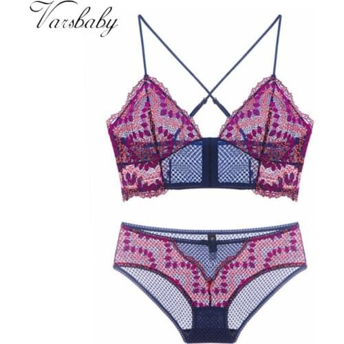 Varsbaby Ladies Brassiers Ultra-thin Sexy Floral Front Closure Wire Free Womens Bra Sets