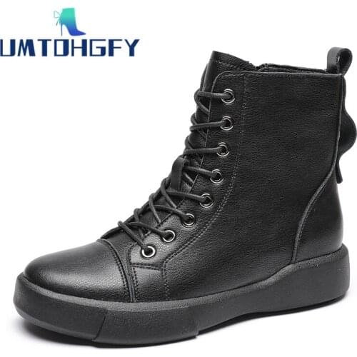 2022 New Ankle Boots for Women Thick Bottom Round Toe Genuine Leather Boots Black White All-match Botas Feminina Platform Shoes